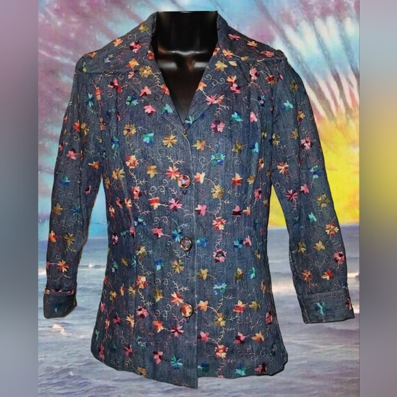 Gorgeous Vintage Denim Flower Power Embroidered Blazer Dagger Collar BOHO - Picture 2 of 4